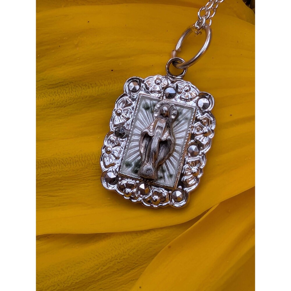 Vintage Sterling Miraculous Pendant, Virgin Mary Silver Necklace